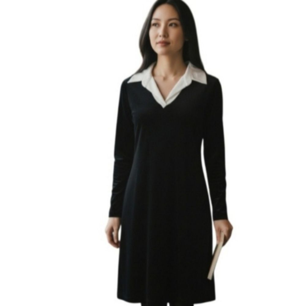 Social Circles Elegant Black Velvet Dress with White Collar SZ.12P EUC.